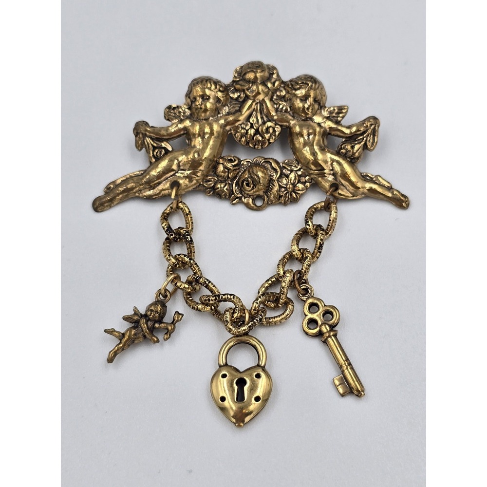Vintage Gold Tone Cherub Cupid Key Heart Lock Dangle Brooch Pin Victorian - Picture 4 of 5